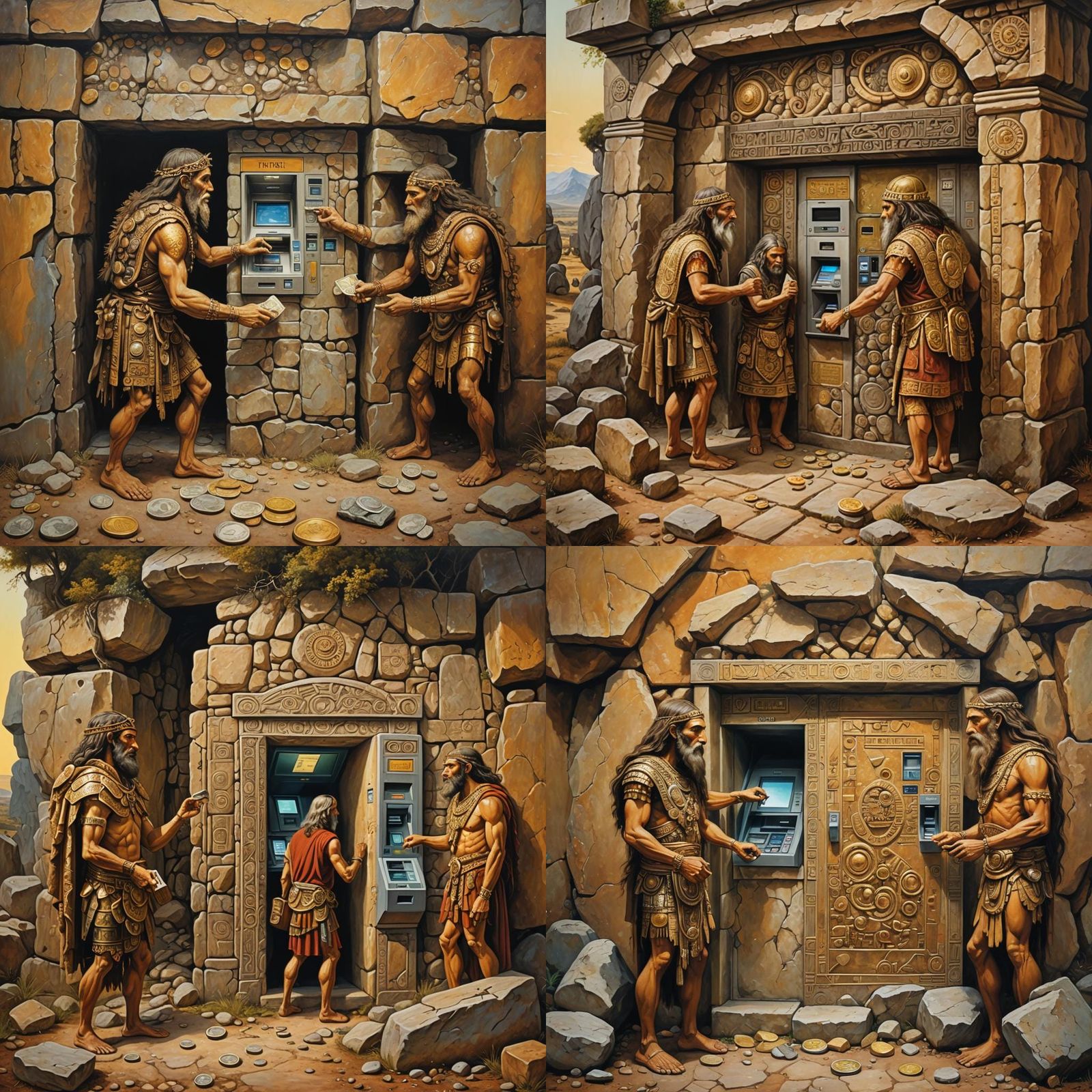 Ancient Humans Use ATM: Megalithic Era Oil Painting