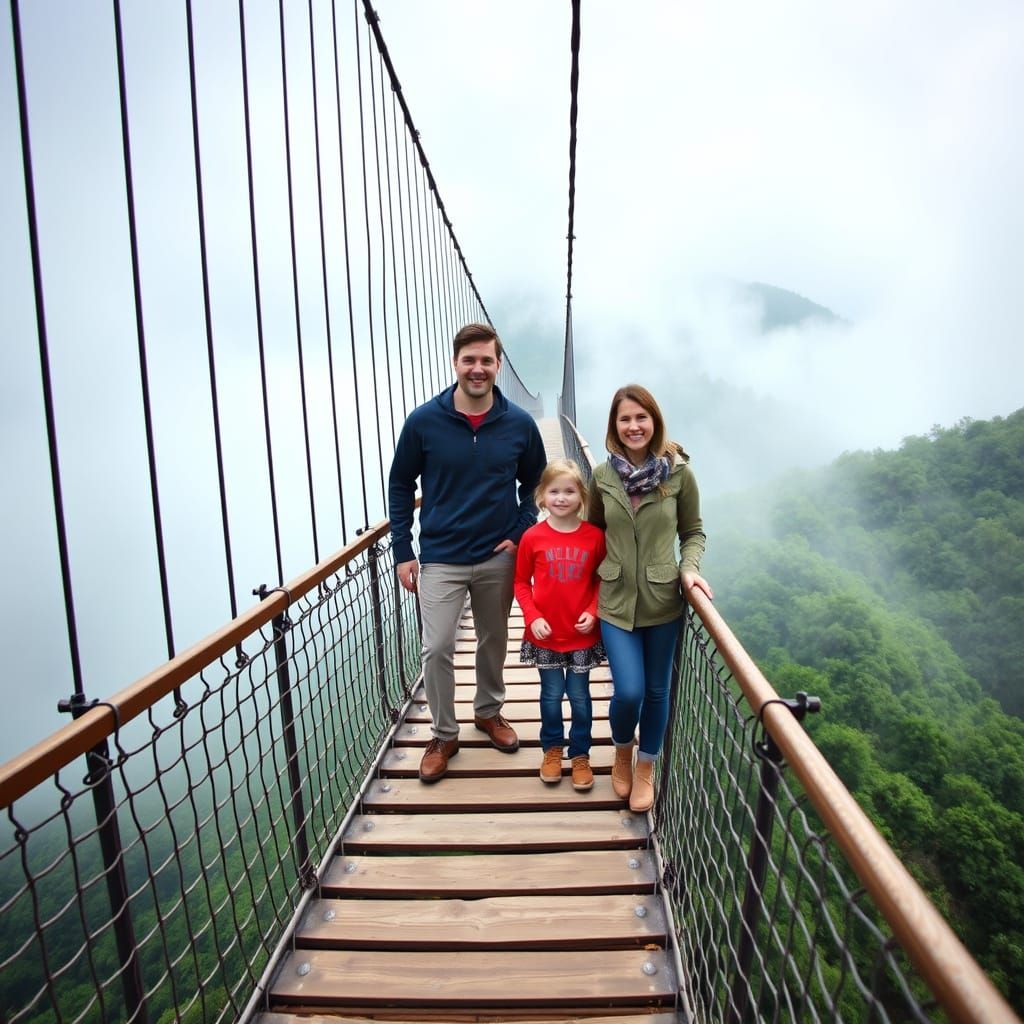 Mountain Family on Mile High Swinging Bridge in Romantic Lan...