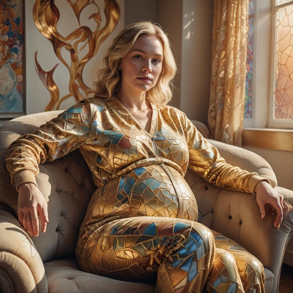 Pregnant Woman in Armchair: Vibrant Oil Painting