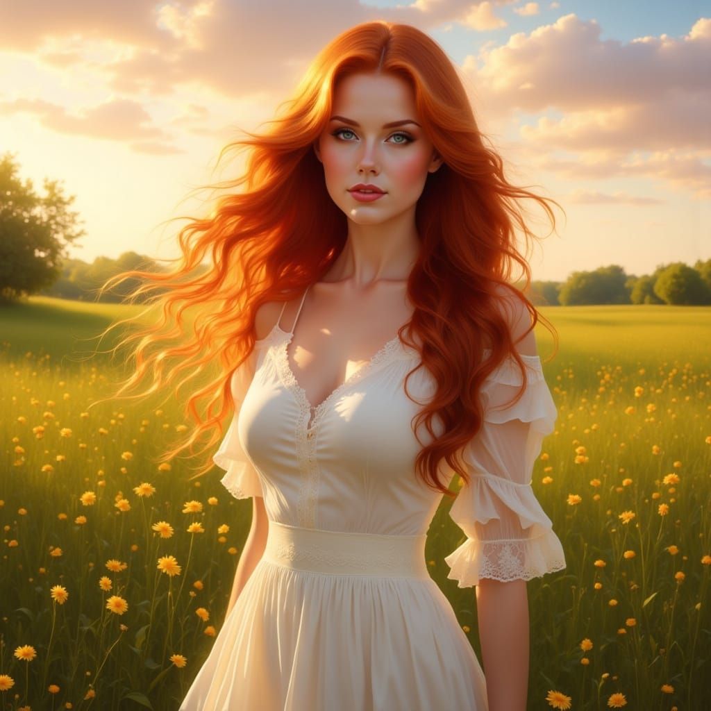 Serene Woman in Sunlit Meadow, Pre-Raphaelite Style