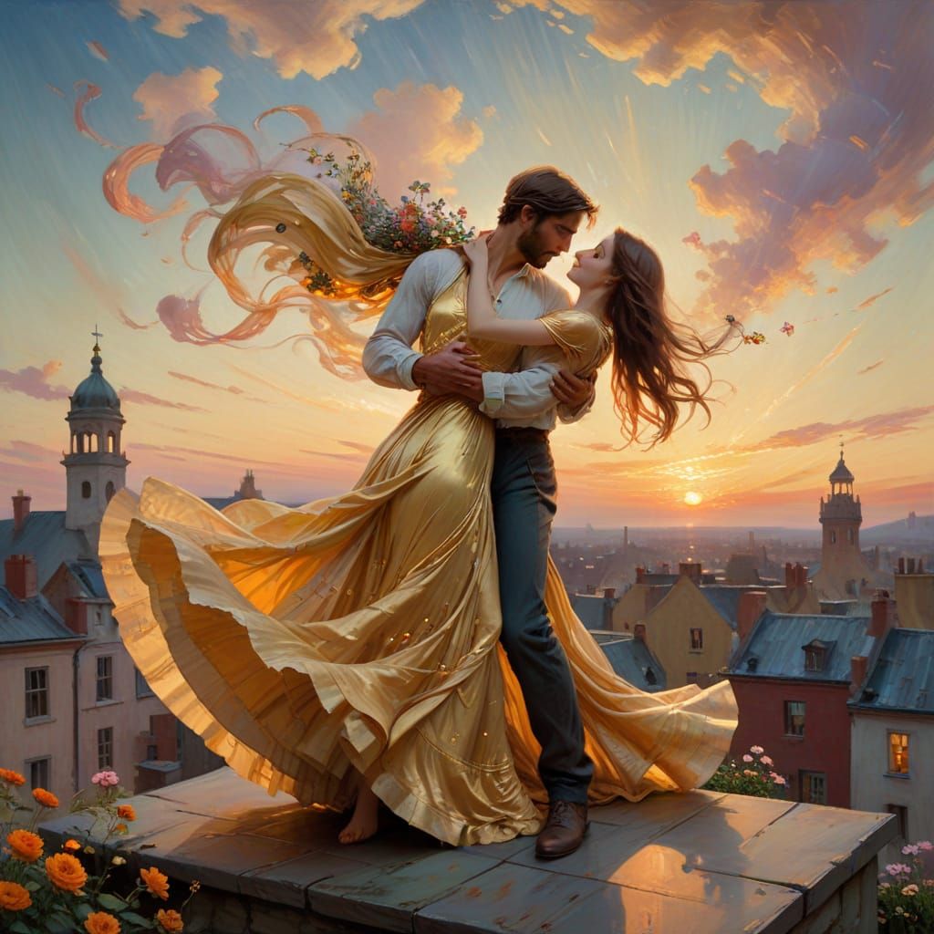 Couple Dancing on Rooftop at Sunset in Whimsical Surrealism ...