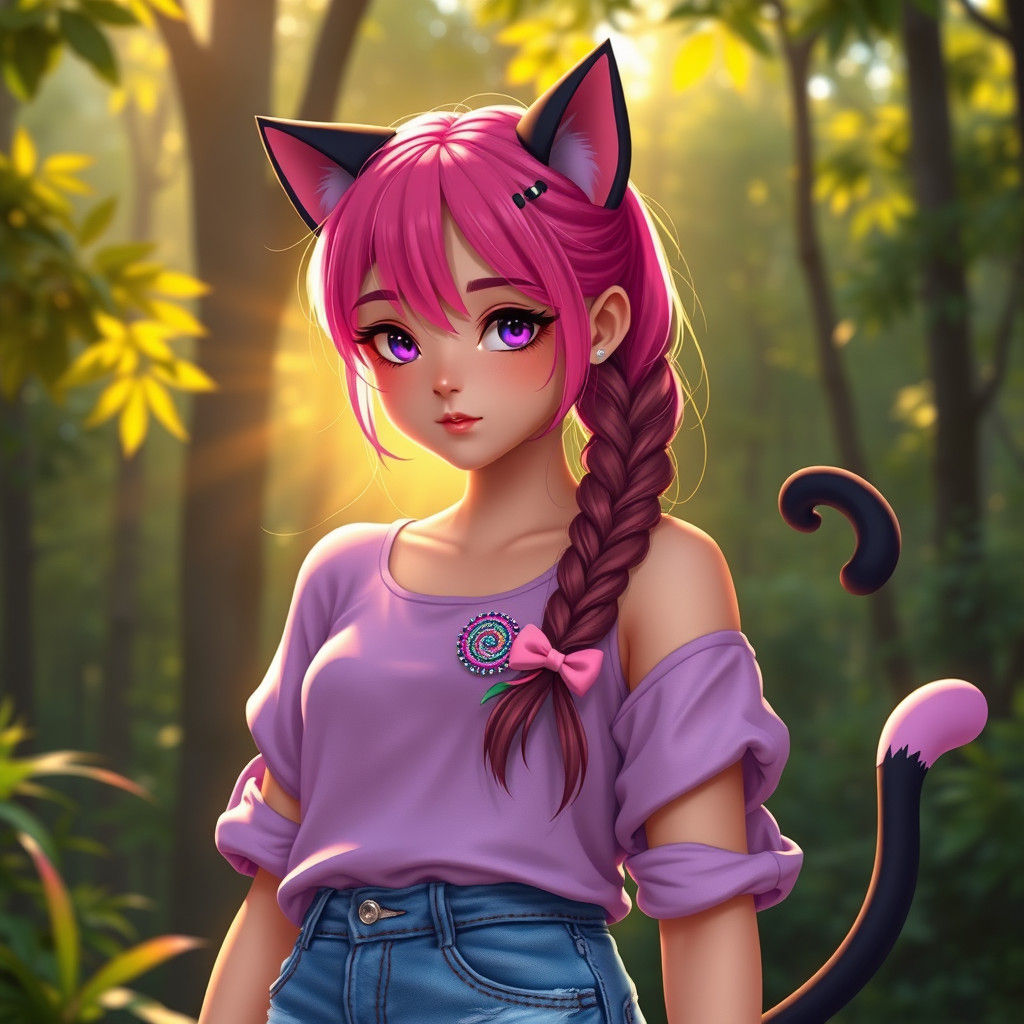 Teen Girl with Cat Features in Fantasy Forest