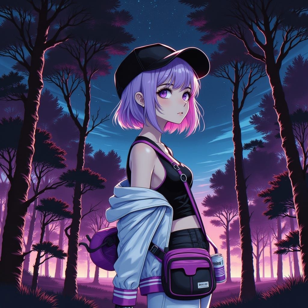 Dark Minimalism. Melancholic. dark cell shaded. vector. side portrait. standing in a starlit forest. Anime, Manga, lady,...