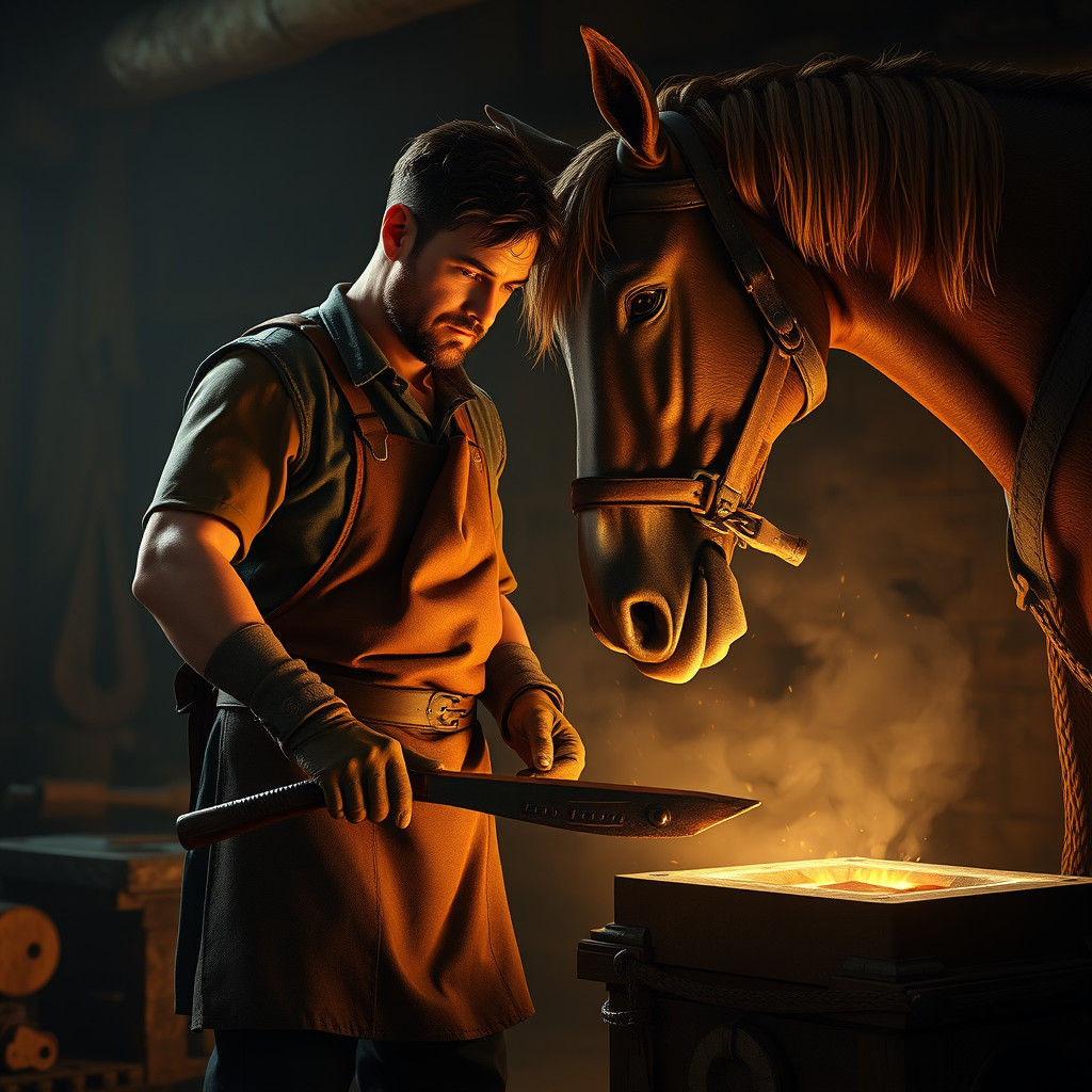 Blacksmith Shoeing Horse in Rustic Forge, Digital Art