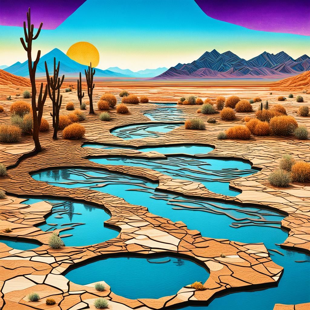 Abstract River Over Dry Landscape: Mixed Media Assemblage