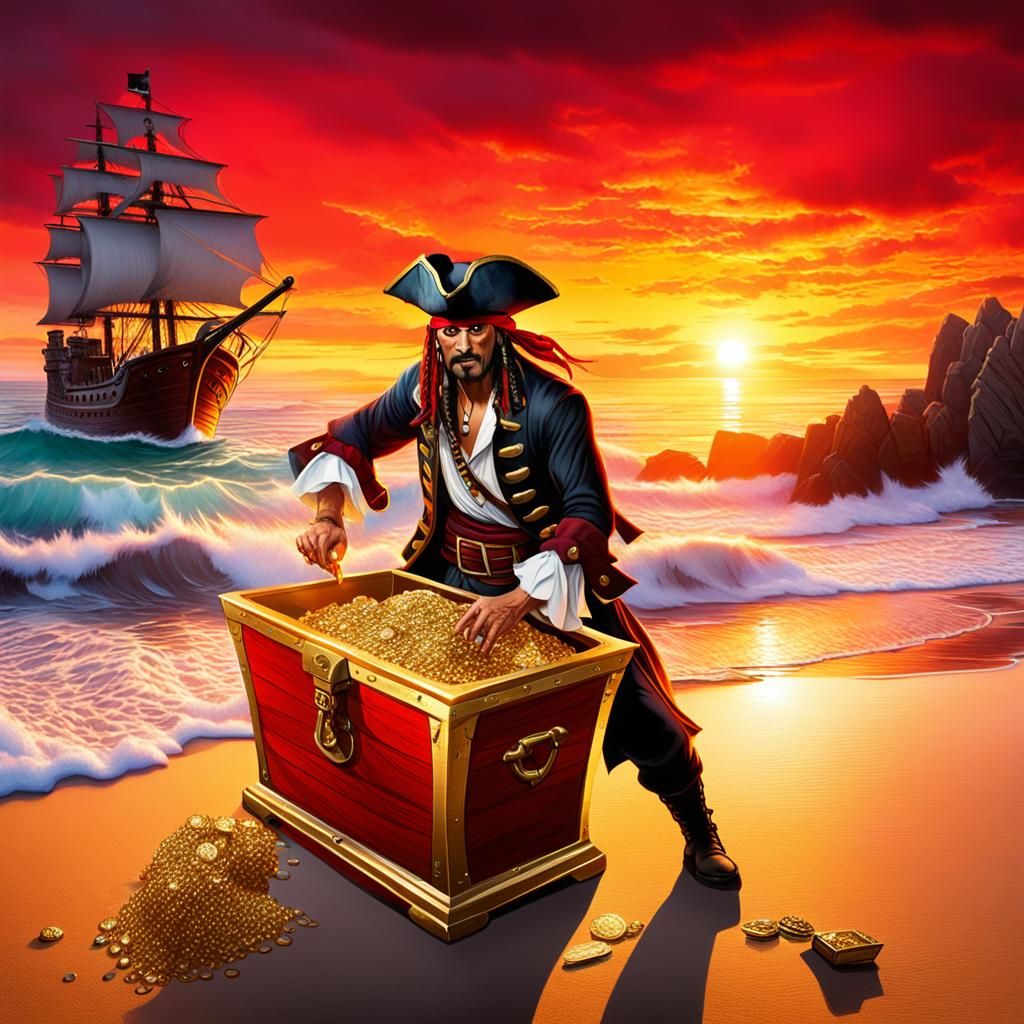 Pirate Finds Gold Treasure at Sunrise