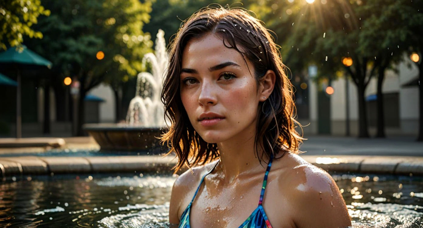 Young Woman in Fountain, Photorealistic Detail
