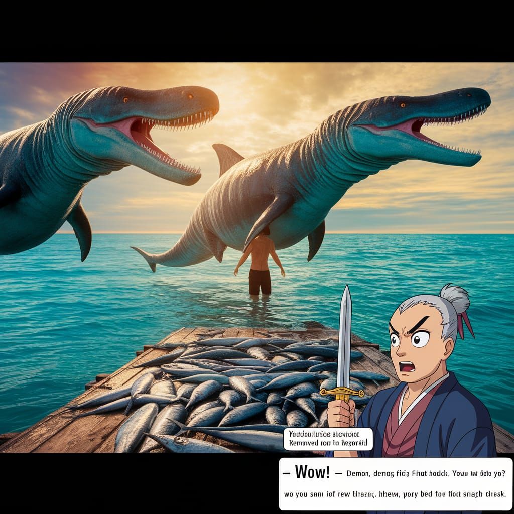 Triumphant Figure With Mosasaurs and Demon Slayer Character