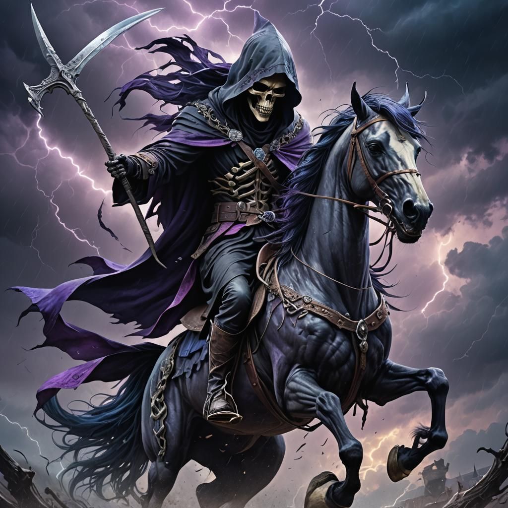 Grim Reaper Rides in Storm: Hyperrealistic Concept Art