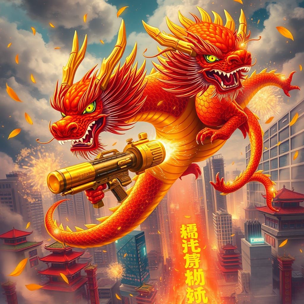 Celestial Fire Dragon Descends on Futuristic City