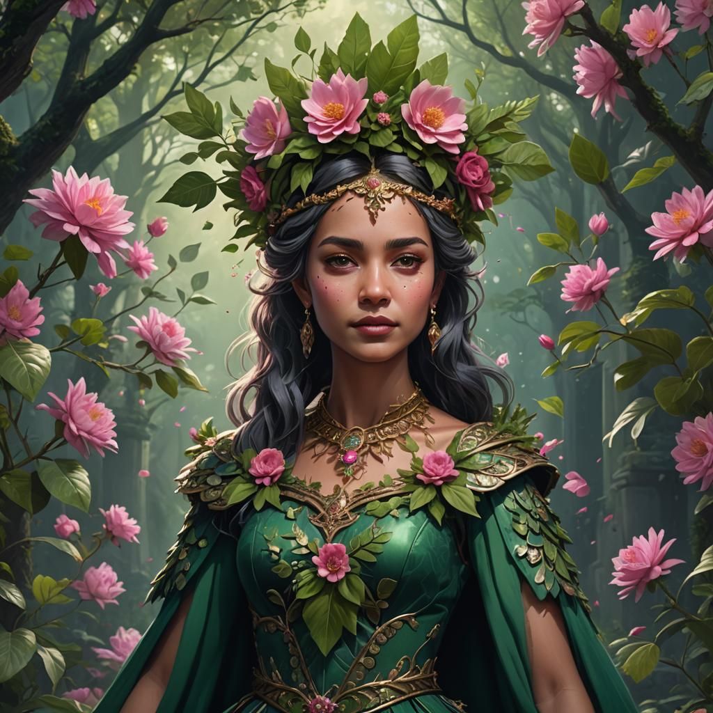 Green Queen with Pink Flower Crown, Digital Art