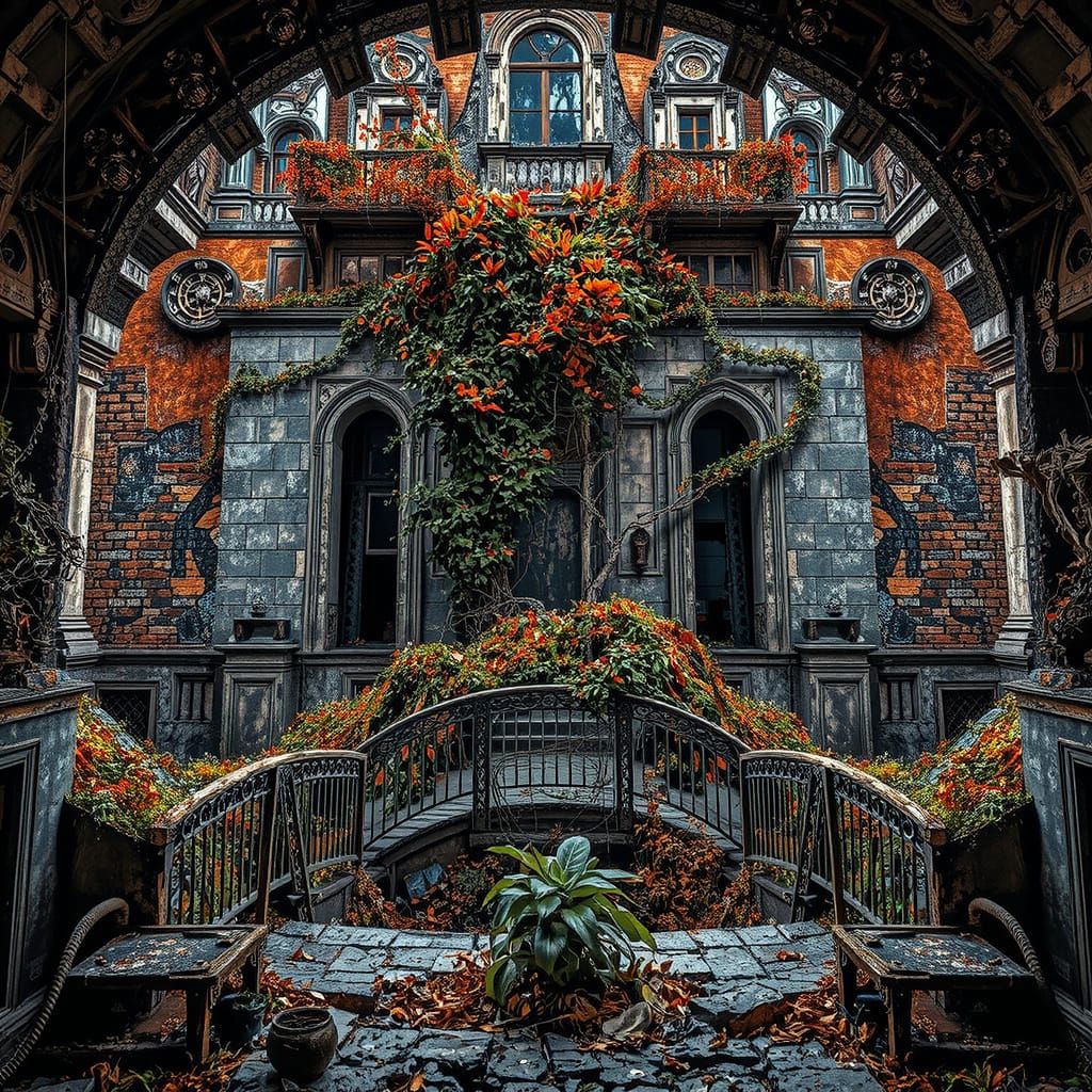 Abandoned City with Vines and Atmospheric Lighting