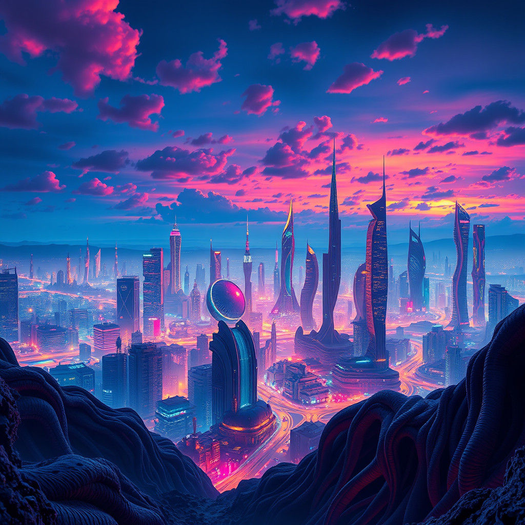 Neon Metropolis on Distant Planet in Fantasy Style