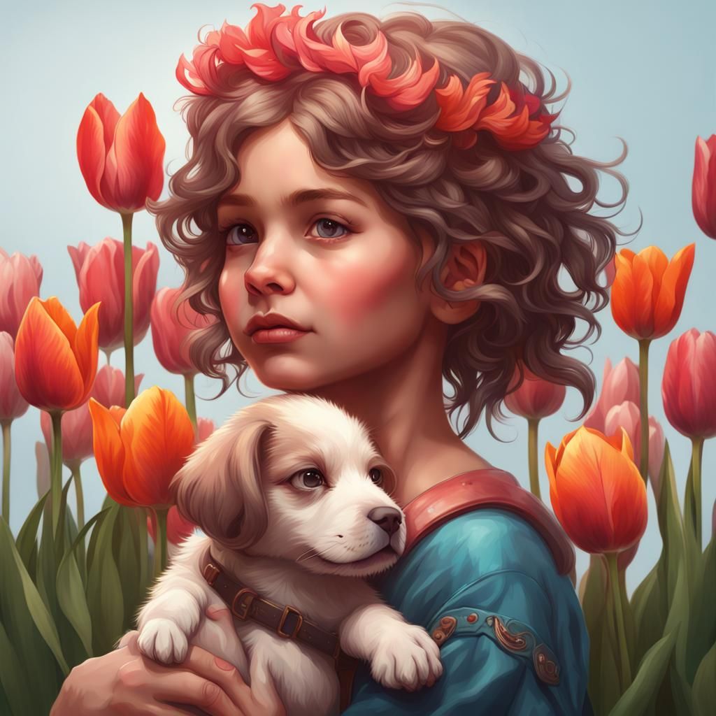 Toddler with Puppy and Tulips: Hyperdetailed Portrait