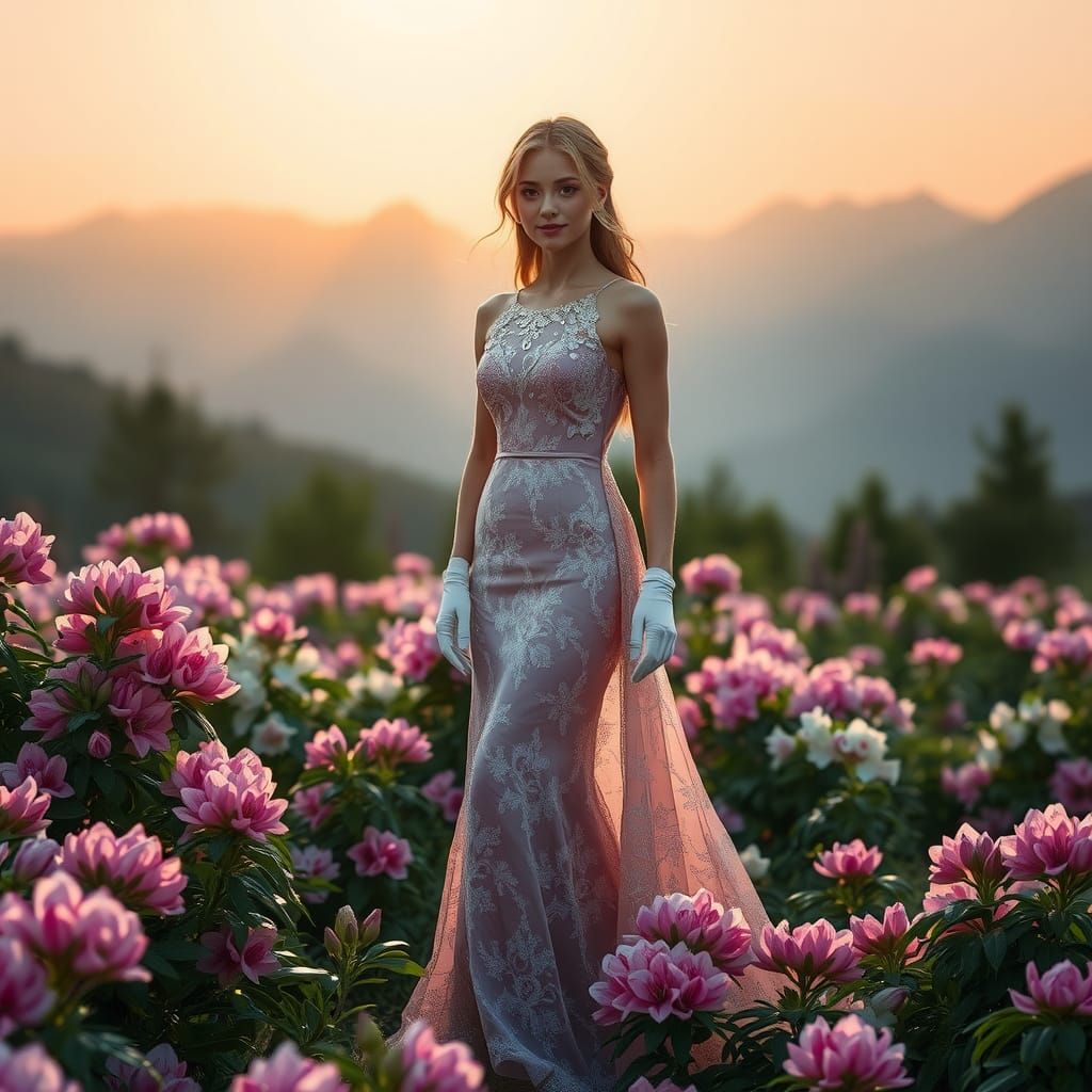 Woman in Pink Gown in Rhododendron Meadow