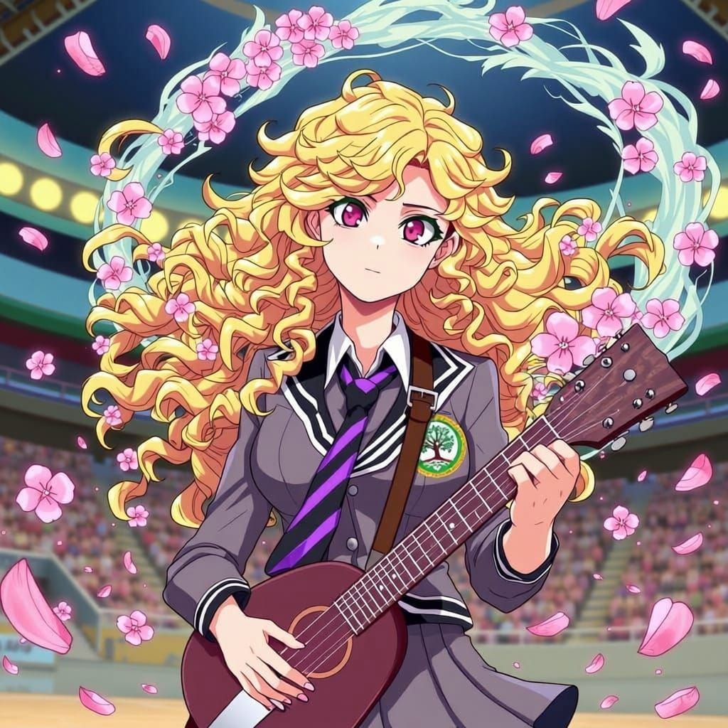 Anime Warrior Woman with Sakura Eyes and Shamisen