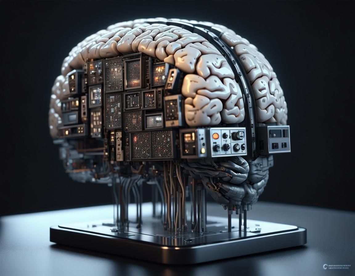 Mechanical Brain with TV Screens in Photorealistic Style
