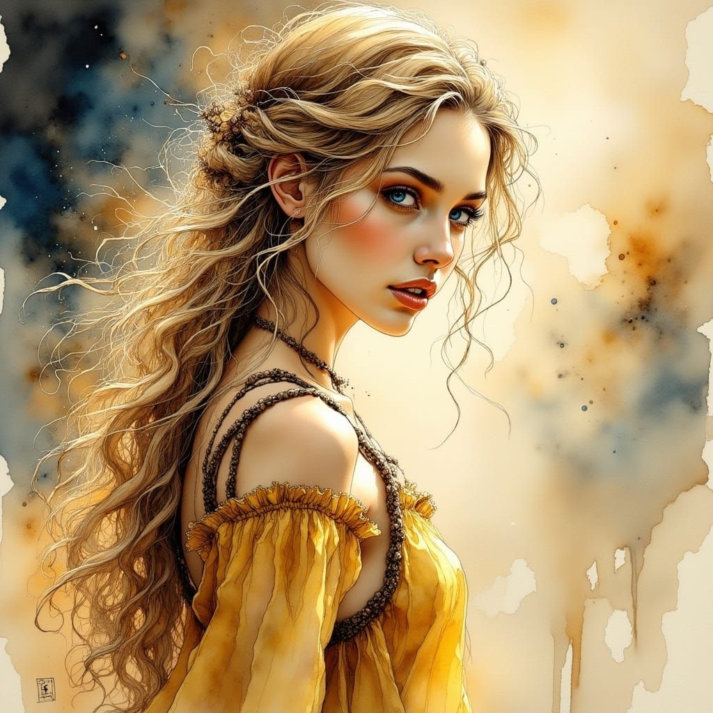 Norse Goddess of Love in Ink and Watercolor Style