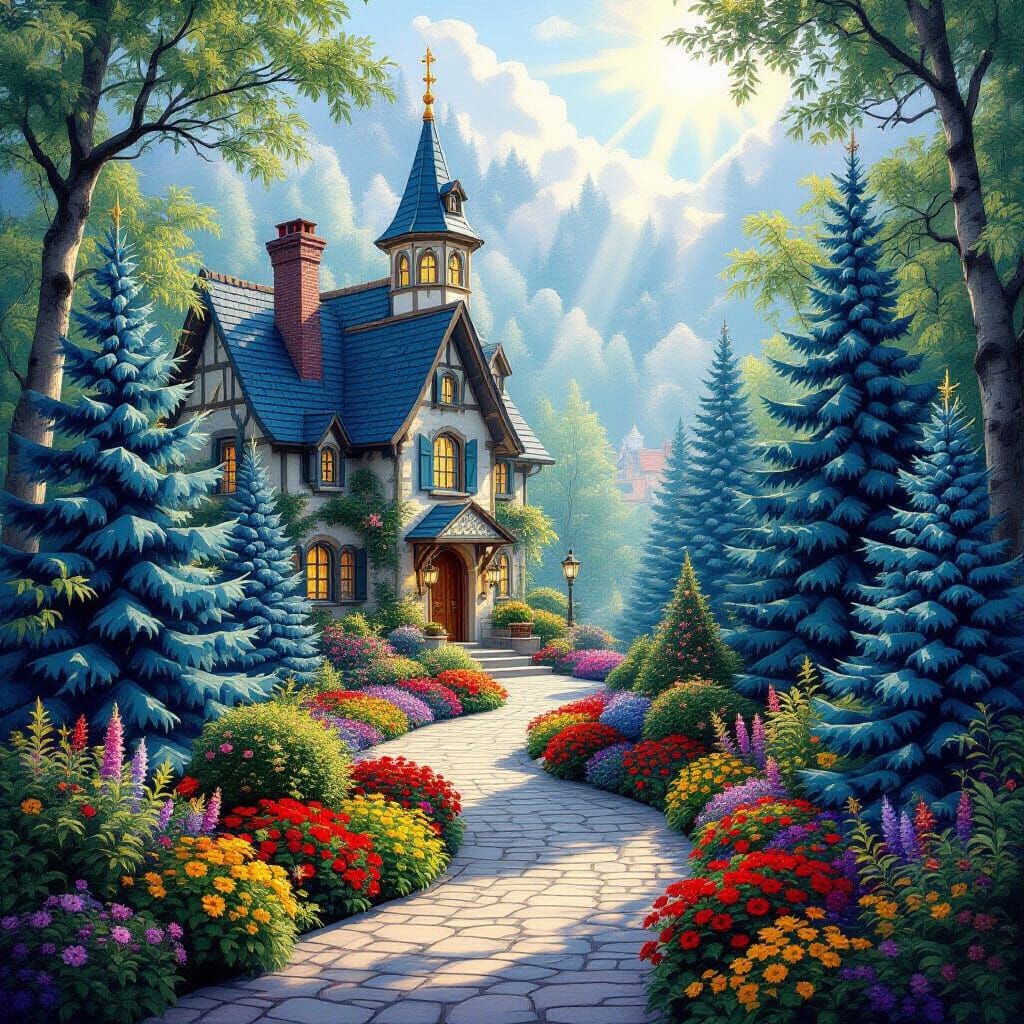 Magical School in Enchanted Forest with Divine Mist