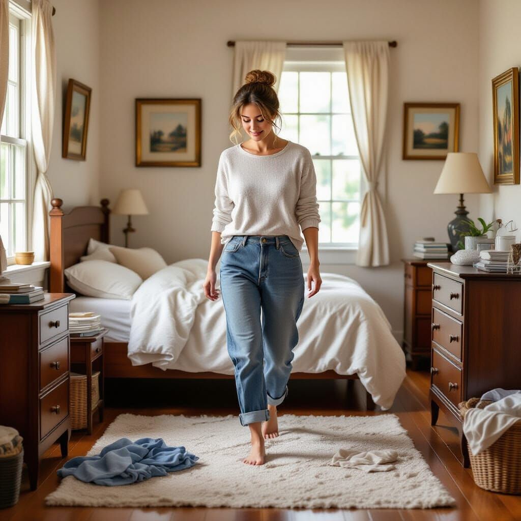 Cozy Domestic Scene: Woman Enters Tidy Bedroom