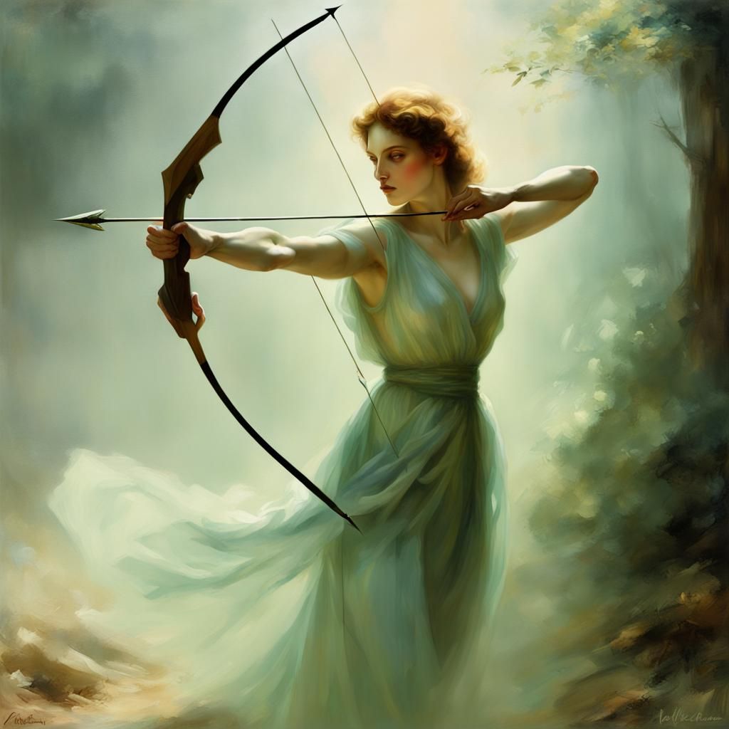 Ethereal Archer in Mist, Inspired by Classical Art