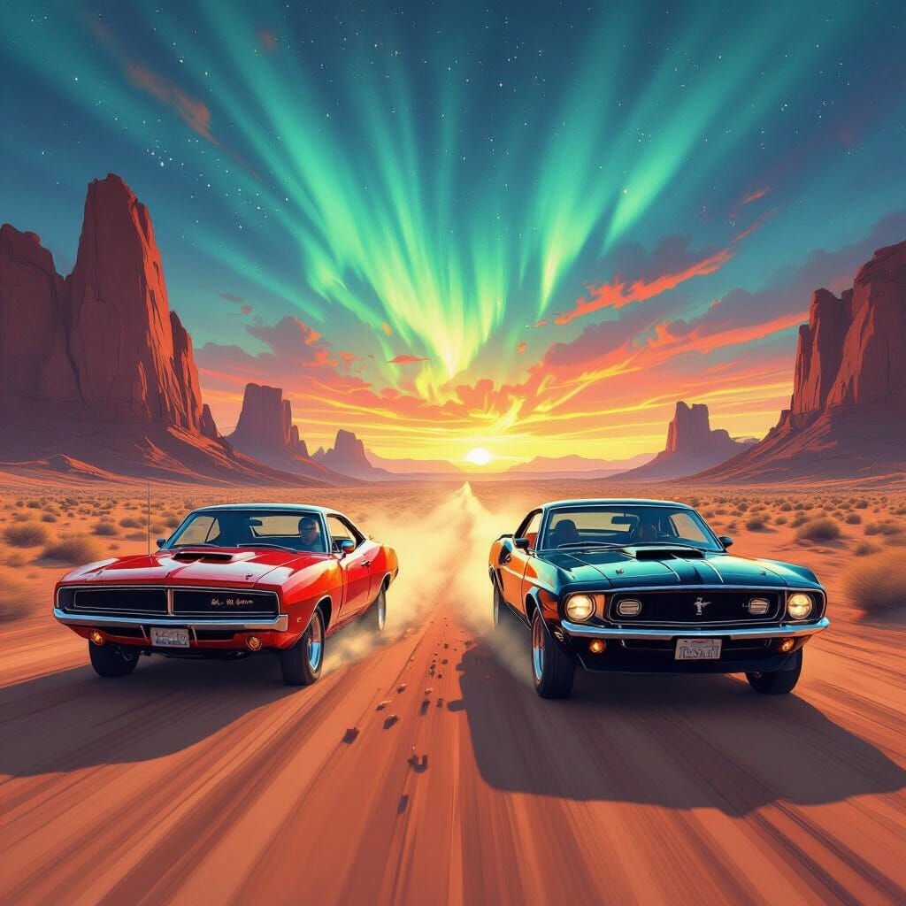 Muscle Cars Race Through Alien Desert Under Aurora