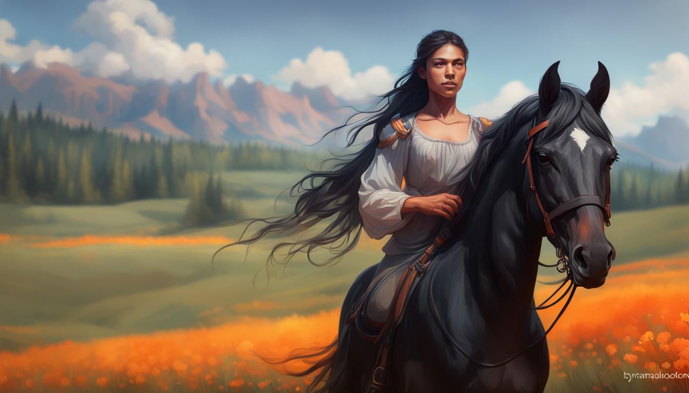 Black Horse Portrait in Orange Meadow, Detailed Art
