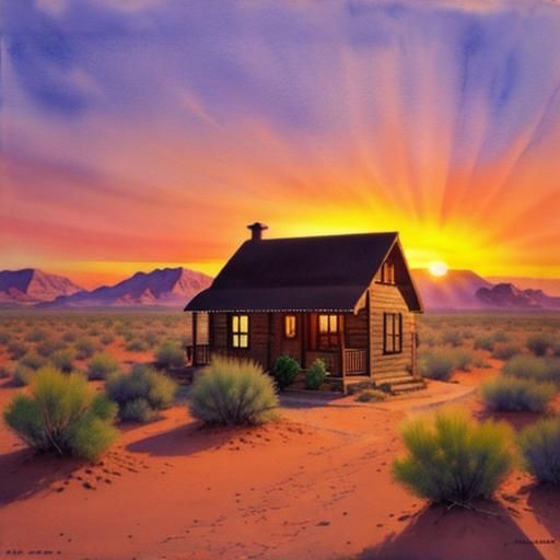 Desert Sunrise Cottage: Watercolor Masterpiece