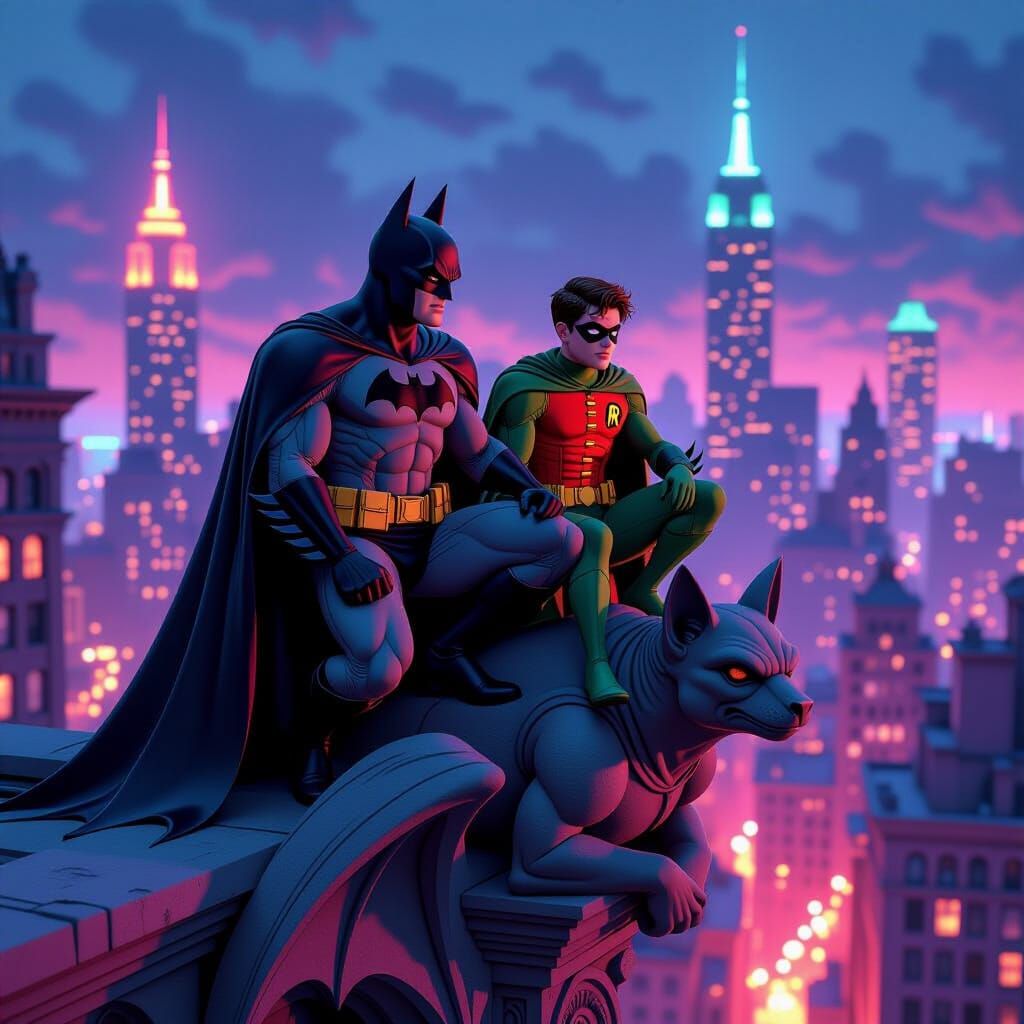 Batman and Robin Overlook Gotham in Comic Art Style