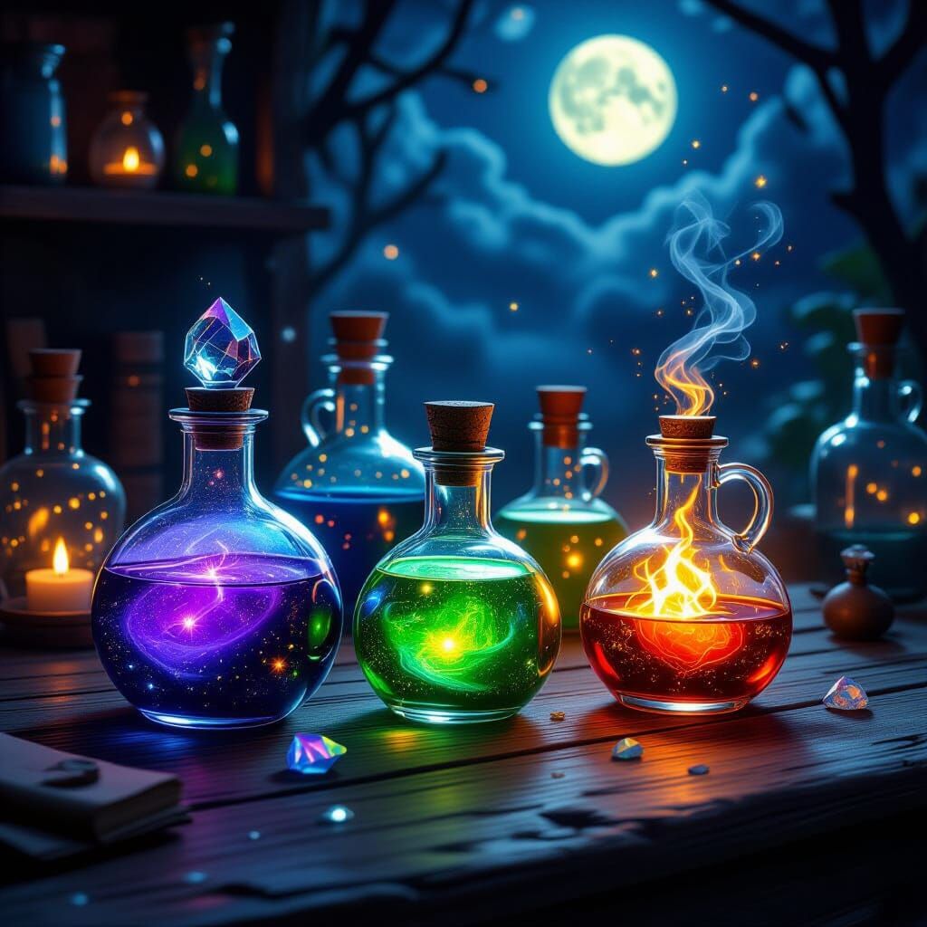 Arcane Potions on Moonlit Table