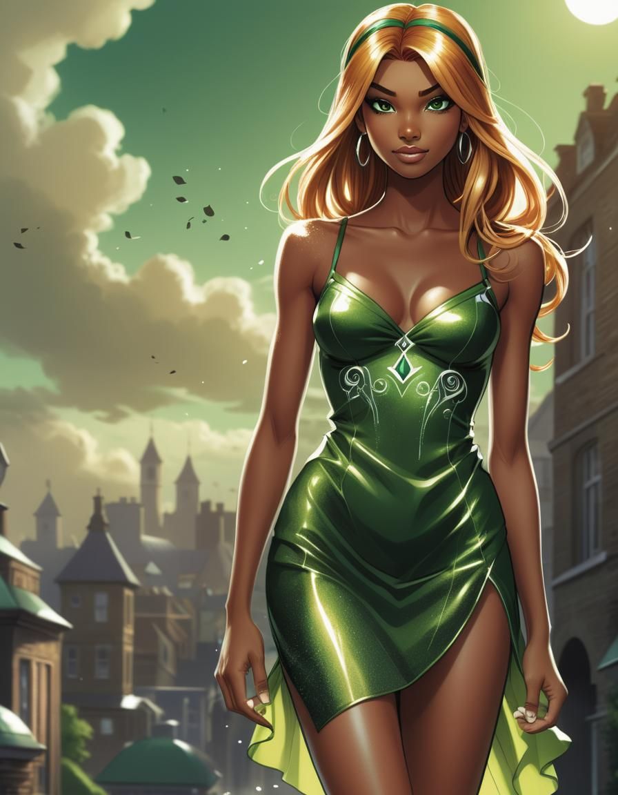 Aisha in Flowing Green Dress, Comic Book Art