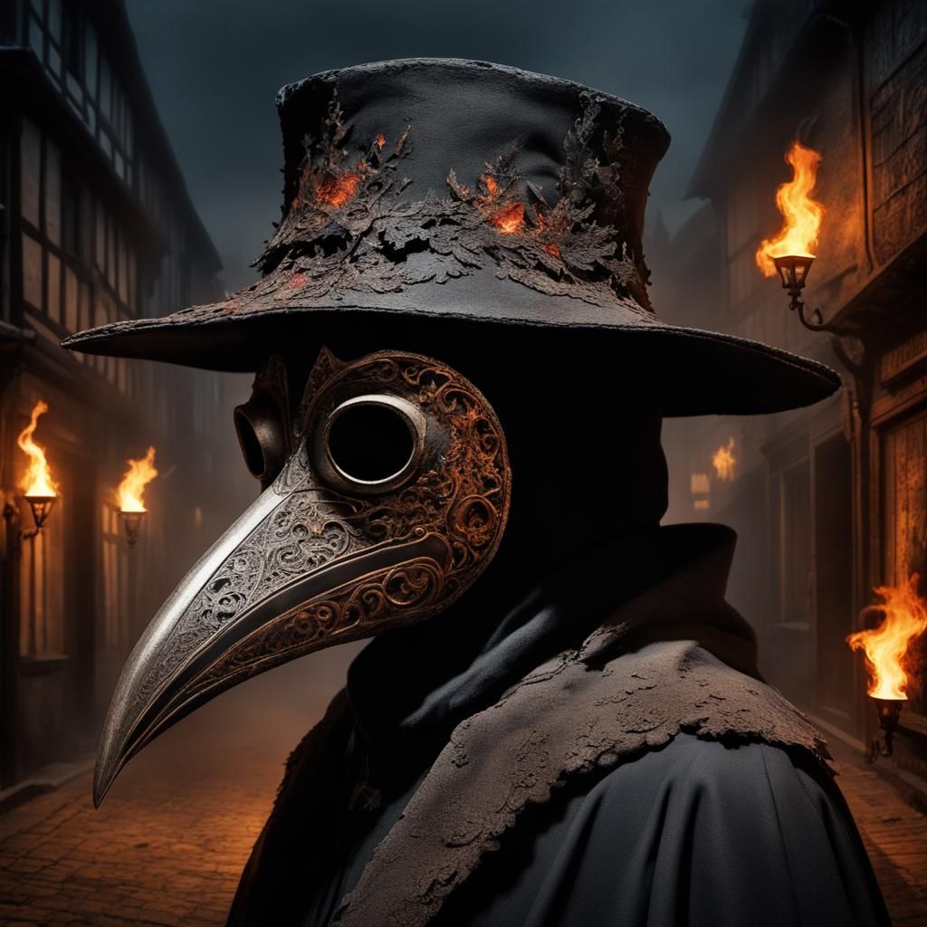 Haunting Double Exposure: Plague Doctor Silhouette