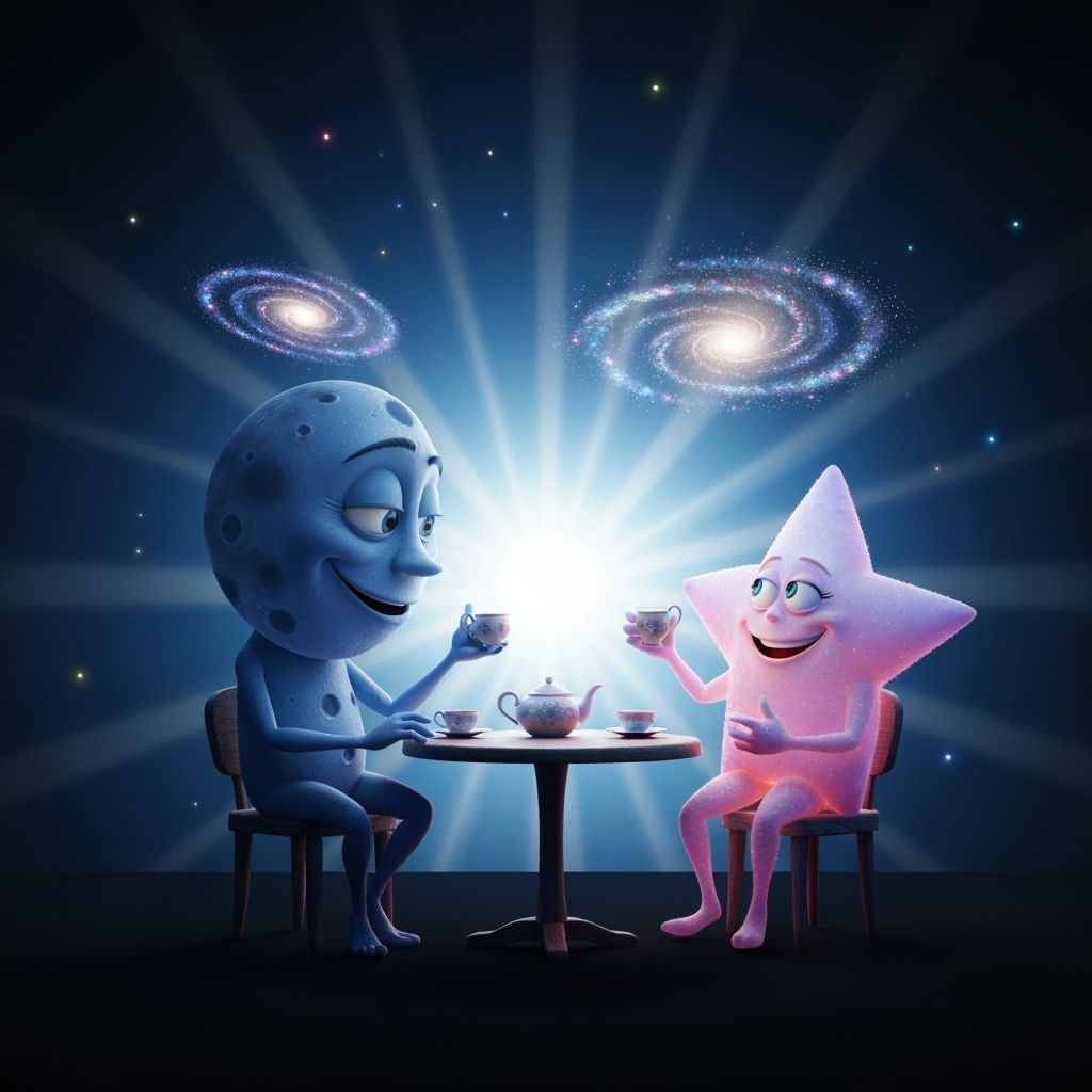 Moon and Stars Enjoy Tea Amidst Galactic Sparkle