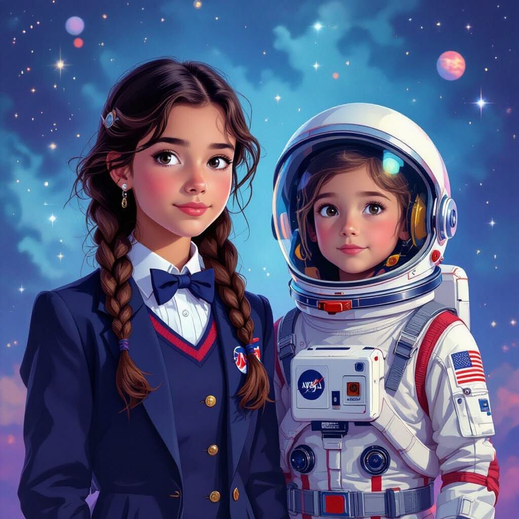 Nerd Girl and Young Astronaut Dreaming of Mars