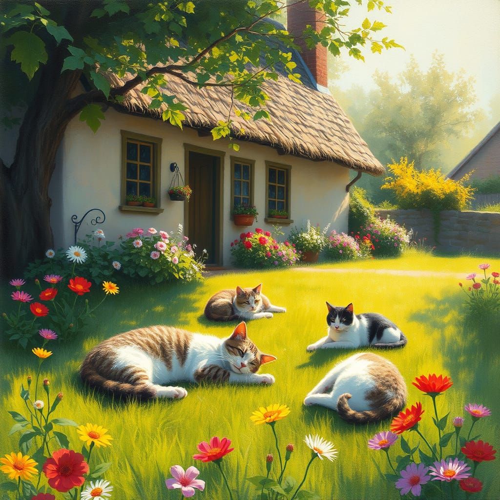 Cats in Sunlight by Cottage, Impressionist Style