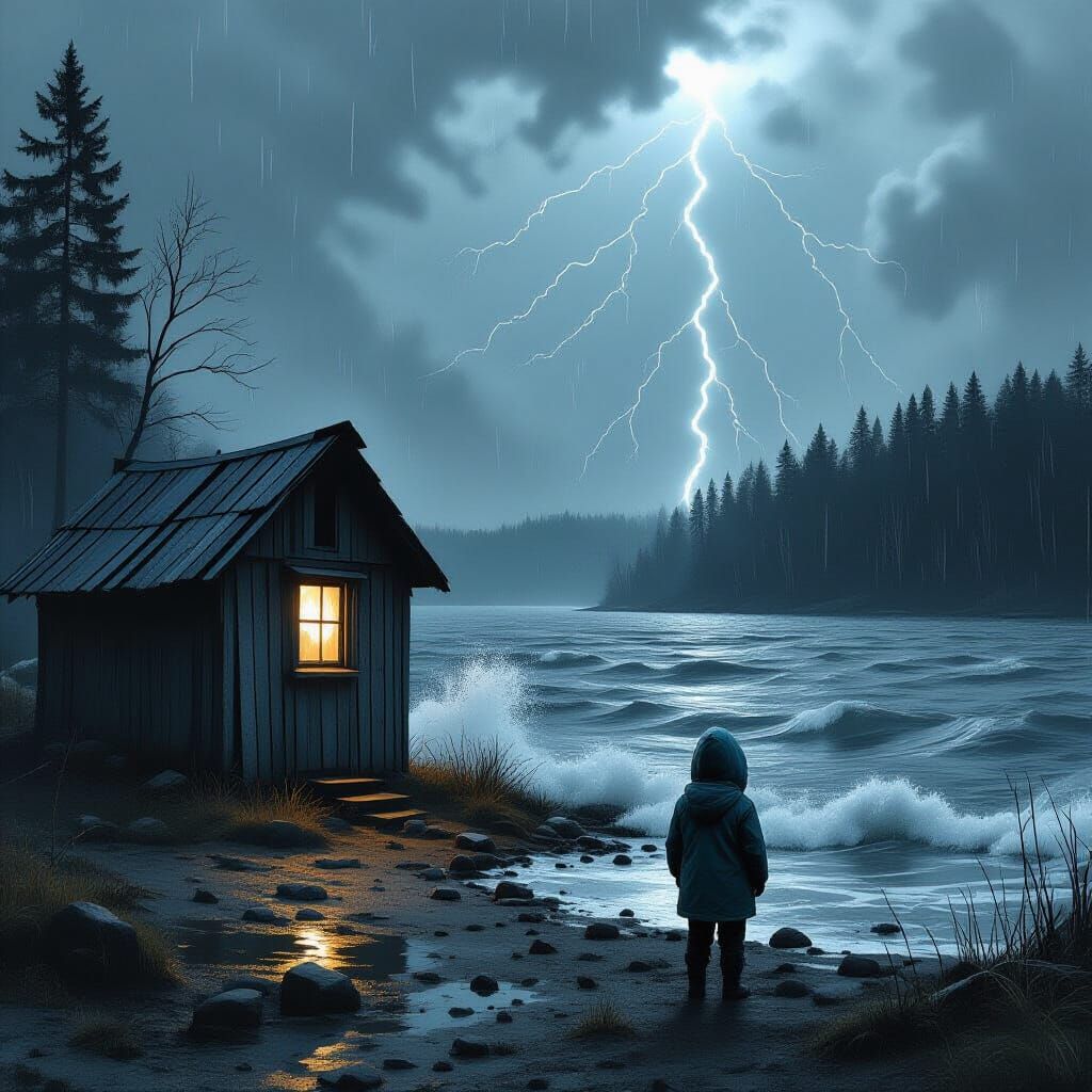 Child in Shack Amidst Stormy Woods and Rough Water
