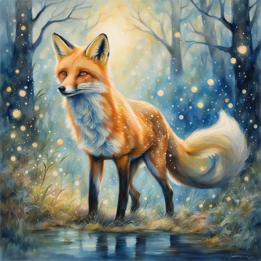 Fox Chasing Sparkles: Dreamy Watercolor Illustration