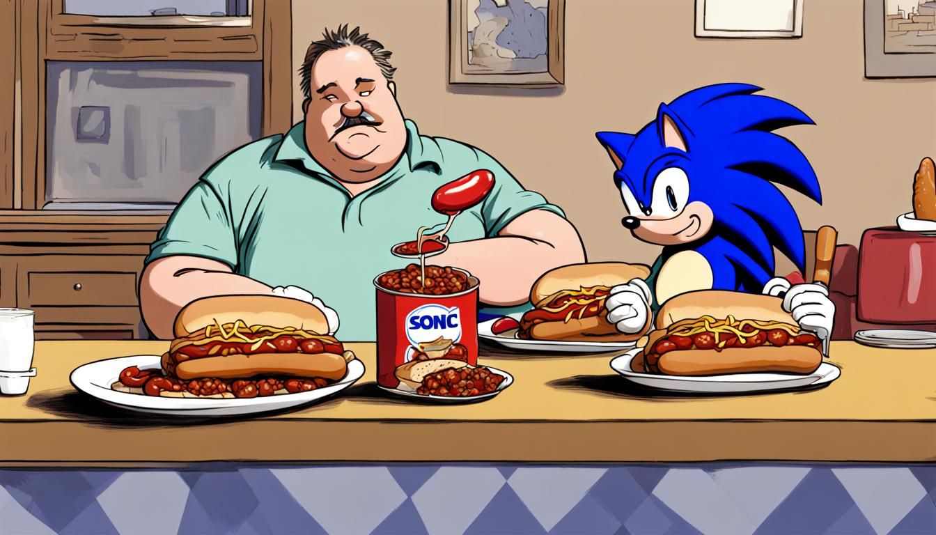Obese Man and Sonic Enjoying Chili Dogs