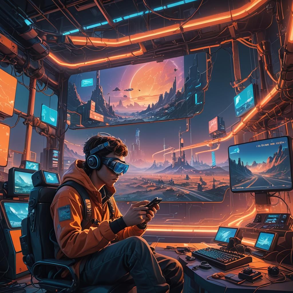 Futuristic Gamer Immersed in Fantasy World