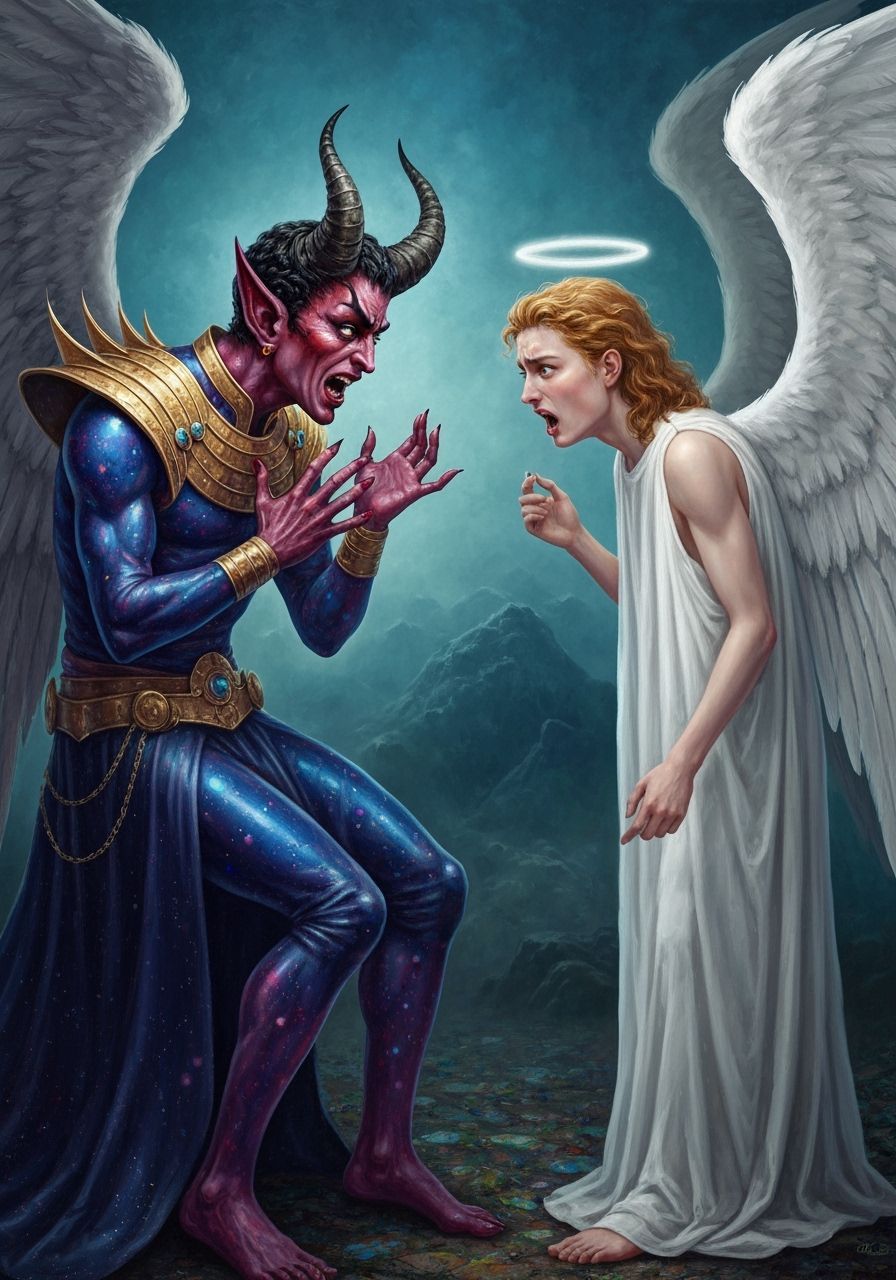 Demonic Prankster Annoys Angel in Oil Painting