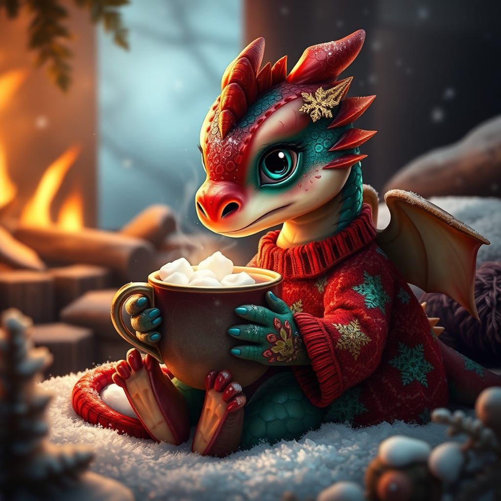 Baby Dragon Enjoys Hot Chocolate in Snowy Wonderland