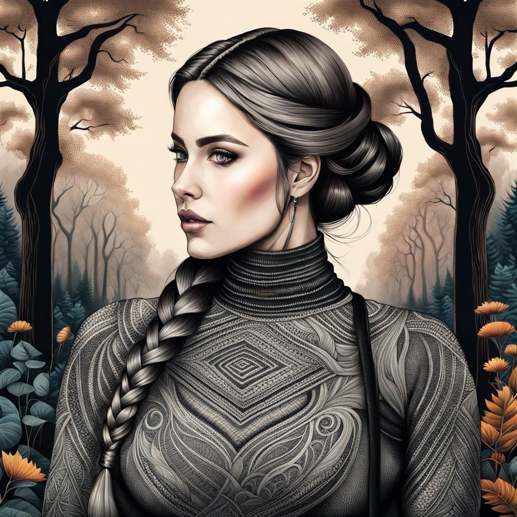 Curvy Woman in Mystic Garden: Charcoal Drawing