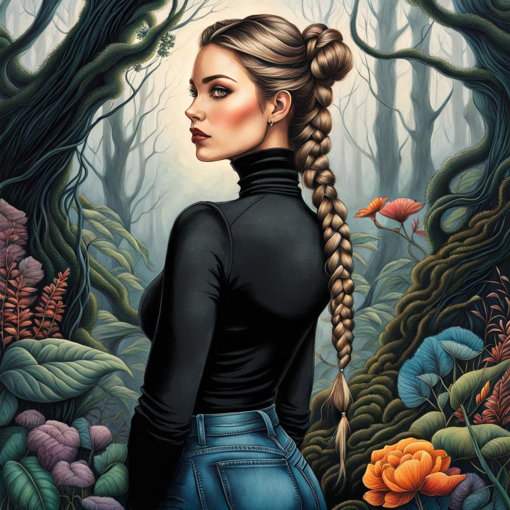 Cute Woman in Mystic Garden Charcoal Drawing