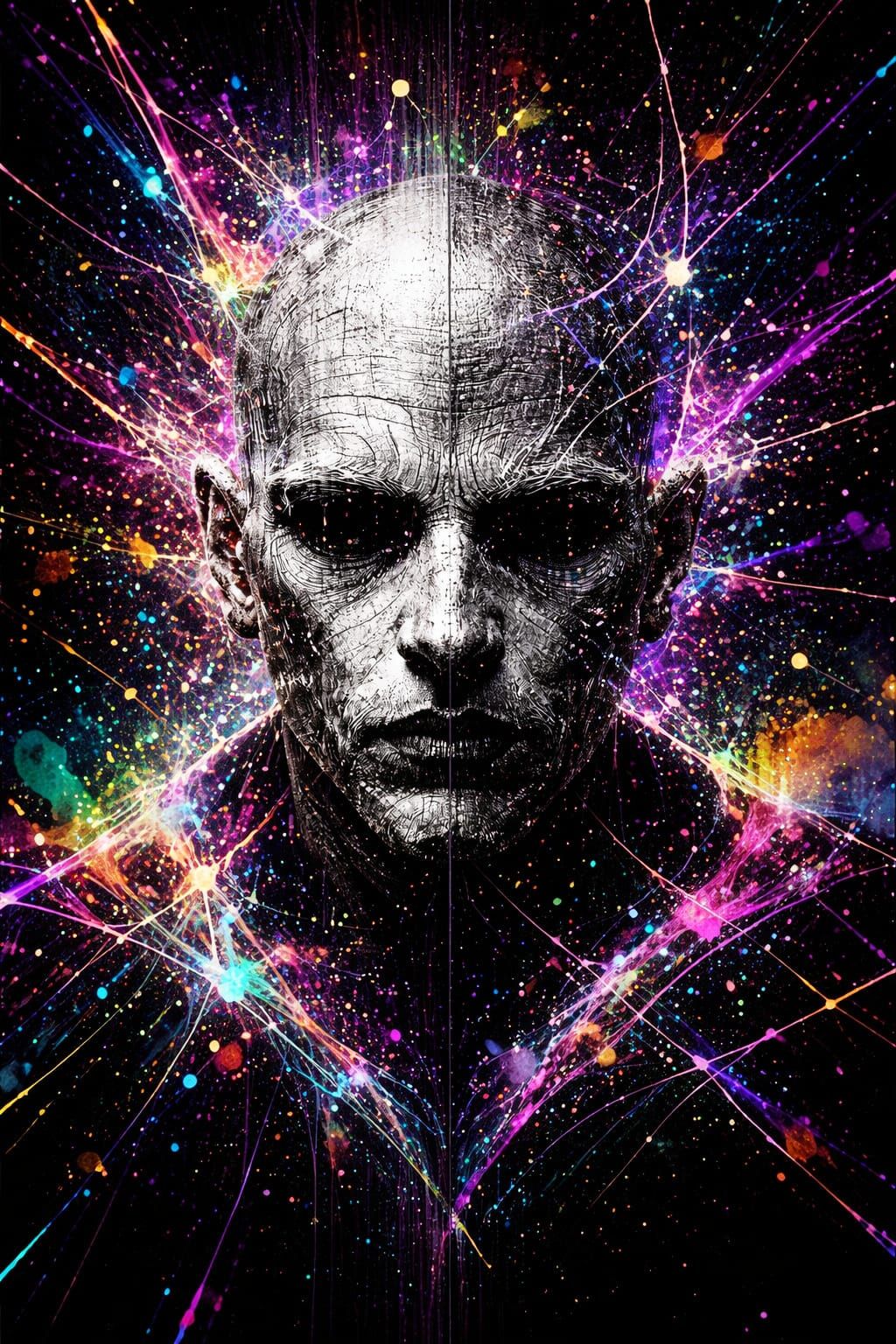 Monochromatic Survivor Portrait in Black Glass