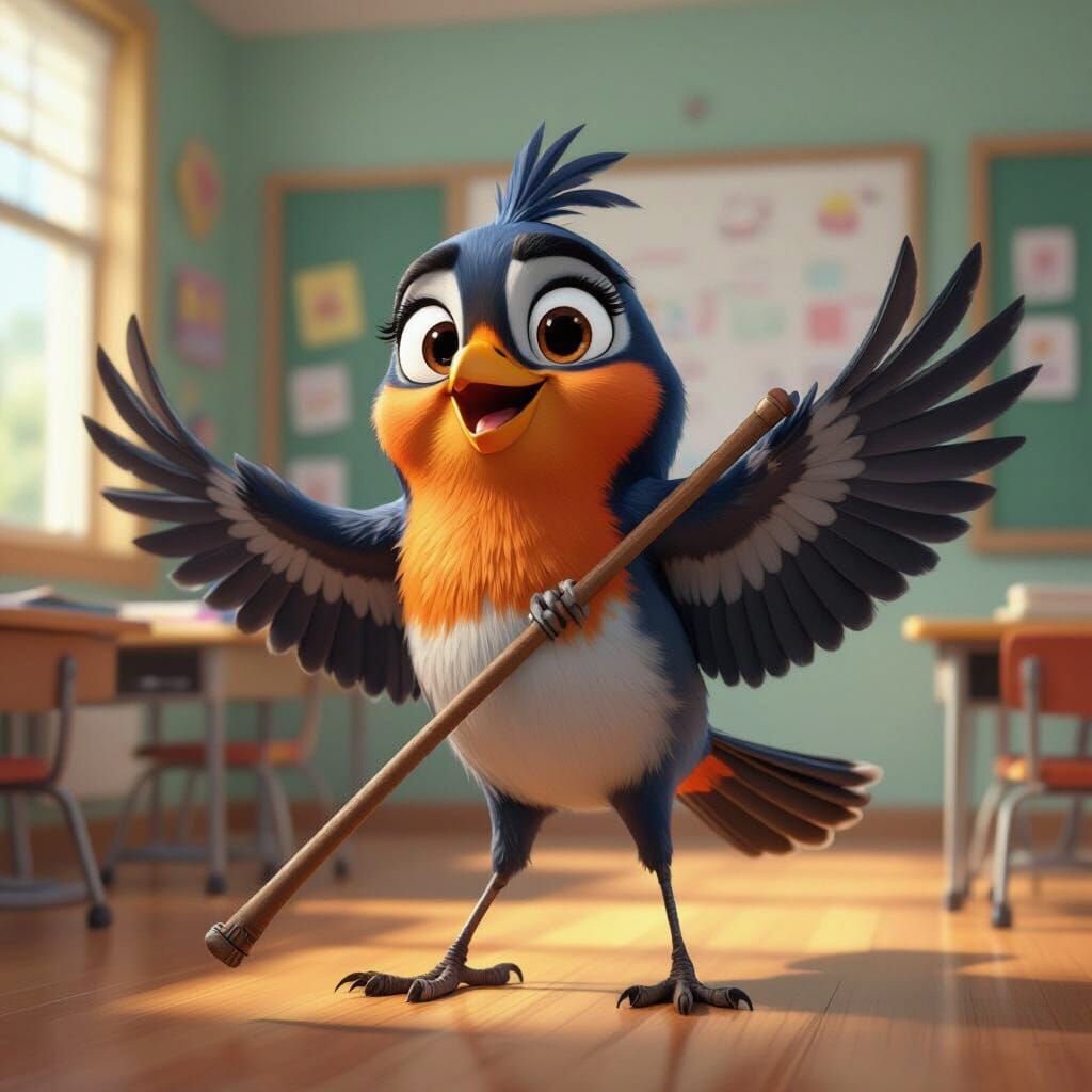 Proud Robin Teacher in Vibrant 3D Pixar Style