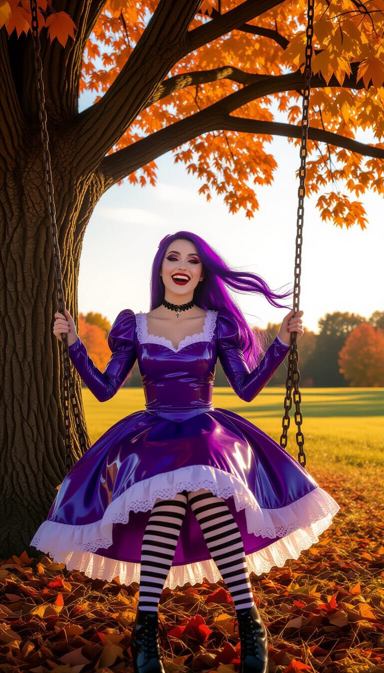 Gothic Horror of Woman in Latex Dress in Autumn