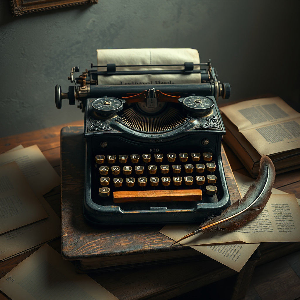 A typewriter next to a quill pen