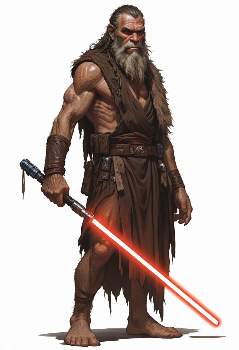 Caveman Jedi Master Wields Red Lightsaber