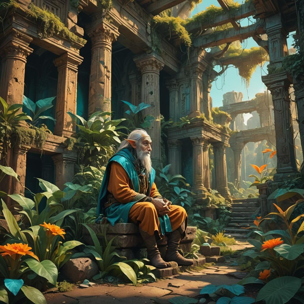 Old Elf Meditating in Lush Ruins: Digital Matte Painting