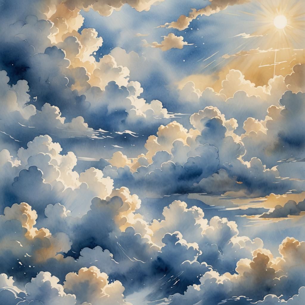 Ethereal Watercolor of Blue Waves and Sunlight